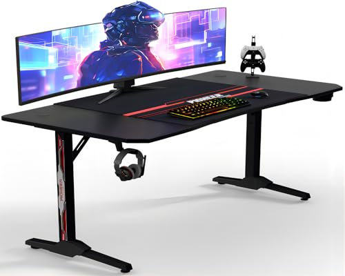 JUMMICO Tavolo da gioco grande 180 cm, scrivania da gioco, scrivania per computer, tavolo ergonomico con vano passacavi, gancio per cuffie e porta bevande, 180 x 70 cm, nero