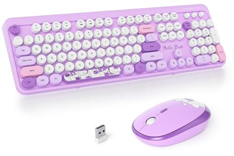 SOLIDEE combo de ratón y teclado inalámbricos,104 teclas teclado estilo máquina de escribir,2.4GHz Teclado de Máquina de Escribir de Teclas Redondas con Teclado Numérico(Americano QWERTY)(Bear Purple)