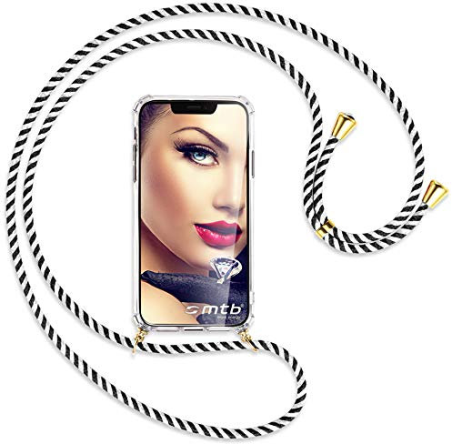 mtb more energy® Handykette kompatibel mit Samsung Galaxy S24 Plus - Black & White/Goldfarbene Ösen - Smartphone Hülle zum Umhängen - Anti Shock Full TPU Case