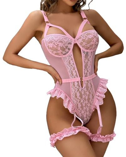 Satohom Femme Sexy Ensemble de Lingerie avec Porte-Jarretelles Une Pièce Coquine Hot Teddy Nuisettes Body Florale en Dentelle Vêtements de Nuit Babydoll sous Vetements avec Cuisse Jarretière
