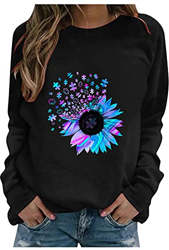 HOOUDO Lila Sonnenblumen Sweatshirt-Druck Pulli in Einer farbigen Bluse Satin Shirt Pullover Bordeaux Damen T Shirt Maedchen 170 176 Bluse Mit Glitzer Damen Damenblusen Elegant Weiss