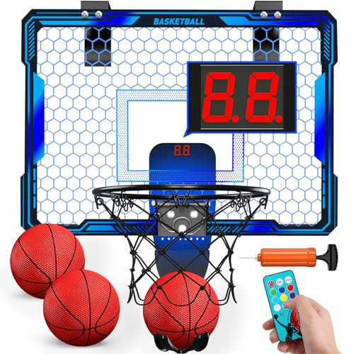 HYES Panier de Basket pour Enfants avec Télécommande, Intérieur Panier Basketball avec 7 éclairages, 3 Modes, 3 Ballons, Pompe, Scorer, Mini Hoop Jouet de Basketball pour Cadeaux Garçons Filles, Bleu