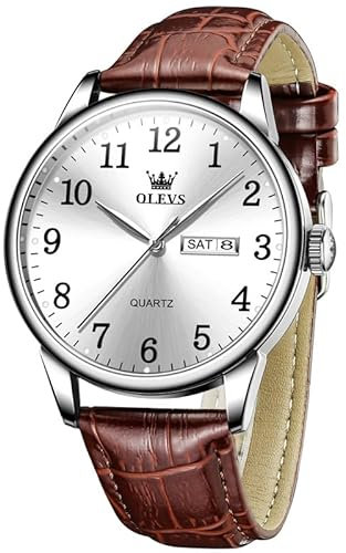 OLEVS Lederarmband Herrenuhr Klassisches Weiß Großes Gesicht Quarz Uhren Herren Braun Leder Arabische Ziffern Leicht zu lesen Armbanduhr Herren Wasserdicht Leuchtend Tag Datum Watch for Men