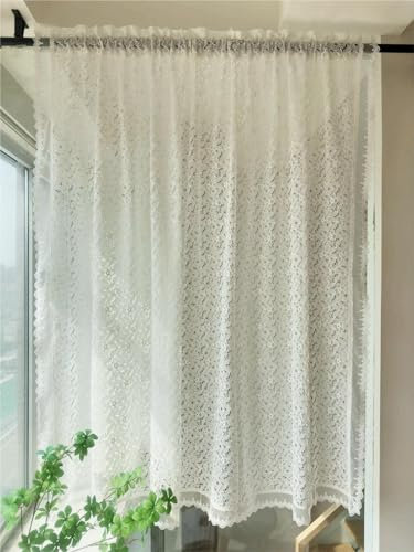 Vordesack Jacquard Scheibengardine mit zarten Floral Muster Sanfte Landhausstil Bistrogardine mit Stangendurchzug Gardine mit Spitzenkante 1 Stück Weiß HxB 100x80cm