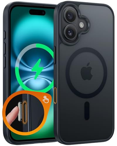 FNTCASE for iPhone 16 Phone Case: Magnetic Translucent Matte Shockproof Slim Cell Phone Cover - Military Grade Drop Proof Hard Back Anti-Fingerprint Protective Case (6.1 inch/Black)