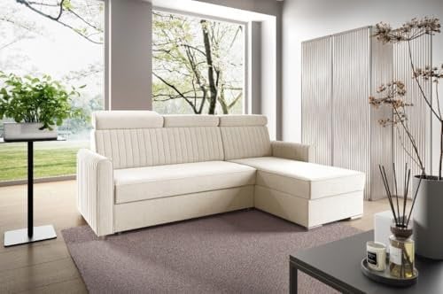 LIKMA Beige Ecksofa Neli L-Form 213x165 cm mit Schlaffunktion (190x125 cm) Eckcouch mit Bettkasten und Verstellbare Kopfstützen Wohnlandschaft Bettsofa mit Stauraum Polstermöbel Sofa