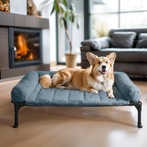 Veehoo Elevated Dog Bed with Removable Bolster - Fluffy Raised Pet Cot with Cushion, No-Slip Feet for Indoor Outdoor Use - Haze Blue 81 x 64 x 18 cm