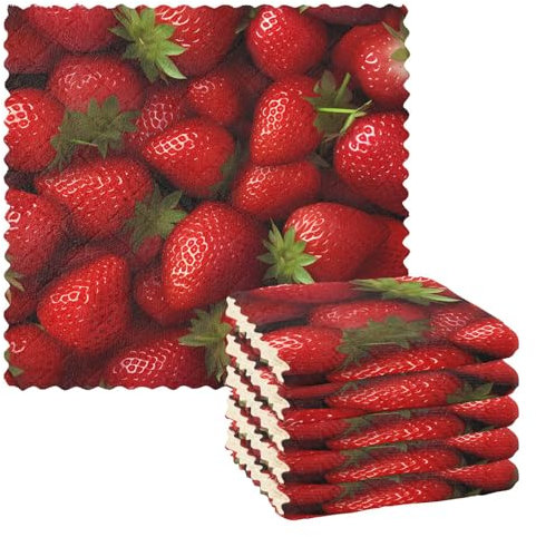 Mnsruu Paños de limpieza de microfibra reutilizables con frutas tropicales rojas, fresas, paños de cocina para lavar, paquete de 6 paños de cocina suecos, paños de limpieza de microfibra, lavables,
