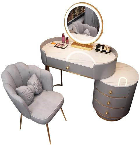 MiaJJooLi Schminktisch Granitplatte mit LED Beleuchtung Spiegel Und Stuhl, Frisiertisch Kosmetiktisch mit 5 Schubladen Massivholz,80cm/100cm Frisierkommode Grau