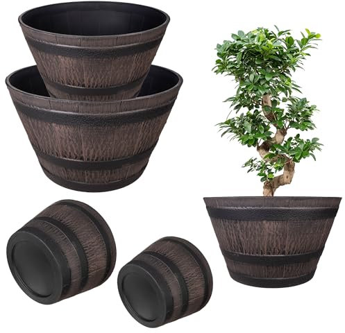 KADAX 2er Set Pflanztopf im Holzfass-Design, ø 40cm + 52.5cm, aus wetterfestem Kunststoff, für Garten, Terrasse & Balkon, dekorativer Blumentopf, Braun/Schwarz, Teich mit Wassereimer