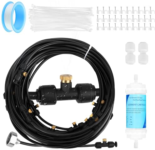 Vernebler für den Außenbereich mit Wasserfilter, Coldairsoap 19 m lange Außenbewässerungsleitung mit 20 Messingdüsen, 19-mm-Adapter zum Kühlen von Terrasse, Garten, Gewächshaus, Grill, Pool