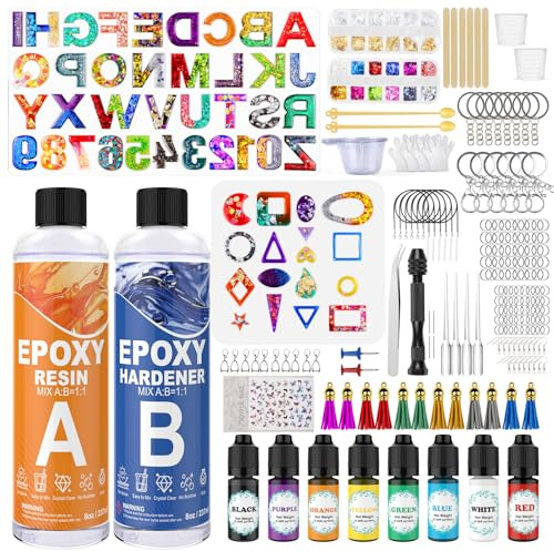 KOPOZA Epoxidharz Set Anfänger, Formen Buchstaben Zahlen Epoxy Resin Silikonform, 474ml Schlüsselanhänger mit Epoxidharz Farben, Glitzer