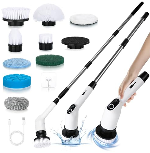 Tuocal Electric Spin Scrubber, Upgraded Cordless Cleaning Brush with 9 Replaceable Brush Heads and Adjustable Extension Handle, Power Cleaning Brush for Bathroom Bathtub Kitchen Tile Floor
