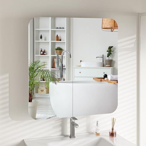 Rebonique Bathroom Mirror Cabinet, 5 Shelves Wall Mounted Bathroom Cabinet with Mirror, 2 Doors Large Wooden Storage Cupboard for Shower Room, Living Room, Laundry Room, 68x66x14cm