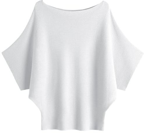 SUNSESS Batwing Sleeve Jumper for Women Boat Neck Knit Pullover Sweaters | One Size Loose Fit Dolman Ribbed Off Shoulder Warm Casual Tops for Ladies