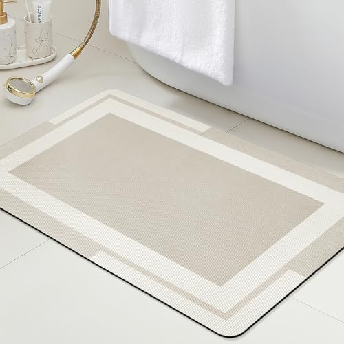 Ultra Thin Bath Mats Fit Under Door, Upgrade Backing Non Slip Bath Mat, Quick Dry Ultra Absorbent Bath Mat, Machine Washable Bathroom Rugs for Bathroom Floor, Bathtub, Kitchen, Begie, 24x17
