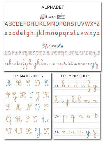 Prêt! Pädagogische Poster A3 | 3 Stück | Alphabet in Kursivschrift und Hauptstädten | Format 42 x 30 cm | Lernunterlage für Schule und Zuhause
