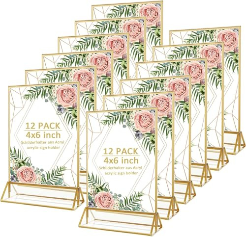 Oungy 12 Stück Klare Tischaufsteller A6, 10x15 cm Tischnummern Acryl Hochzeit mit Goldener Rand, Stehend Bilderrahmen Gold A6, Doppelseitiger T-Ständer Menükartenhalter für Foto Cafe Restaurant Büros