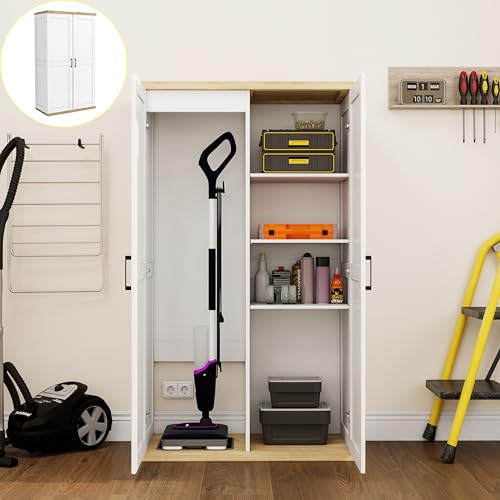 OQSC Wooden 55 Tall Broom Closet Storage Cabinet for Vacuum Cleaner & Floor Scrubbers with 2 Doors and Adjustable Shelf, Cleaning Supply Cabinet with Bottom Openwork for Laundry Room, Garage
