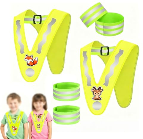HuangJingYu Warnweste Kinder 2 Stück Reflektierende Jacke Kinder Leuchtweste Kinder Reflektorweste Kinder Mit 4 Reflexarmbändern Für 3-12 Jahre Sicherheitsweste