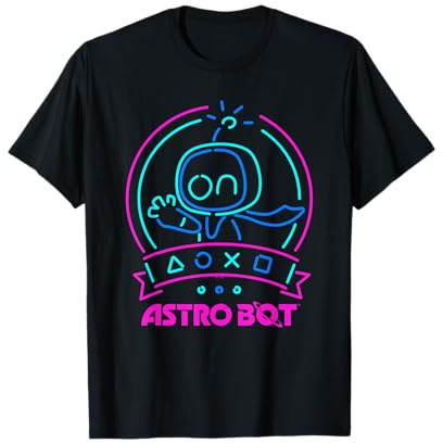 Astro Bot Neon Waving Character with Icons Video Game T-Shirt