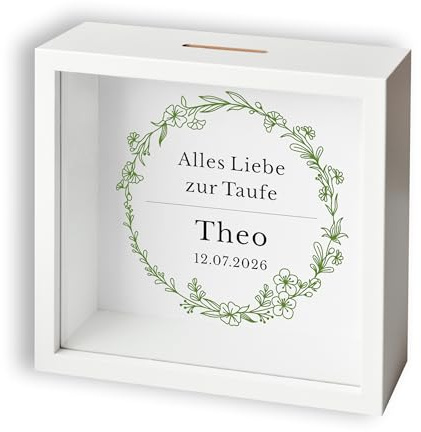 Personalisierte Spardose zur Taufe, Geldgeschenk | Spardose mit Name & Datum aus Holz, Taufgeschenk für Mädchen & Jungen