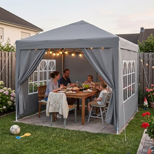 Soontrans Pavillon 3x3m, Lassen Alle zusammenkommen, Faltpavillon Höhenverstellbar mit Seitenwänden & Giebelwänden, Pop Up Partyzelt mit Tragetasche & Sandsäcke für Garten Terresa Pool (Grau)