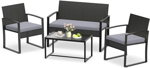 COSTWAY Set Salotto da Giardino a 4 Pezzi, Divanetto in Rattan con 2 Poltrone Ergonomiche e Tavolino con Piano in Vetro Temperato, Set Mobili da Esterno con Cuscini per Balcone e Patio (Grigio)