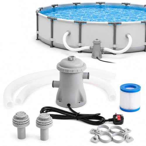 Elprico 330 GPH Above Ground Pool Filter Pump with Cartridge and Hoses | 16W ABS pump with 32 mm ports, two hoses, two adapters, replacement filter, clamps, screws and instructions