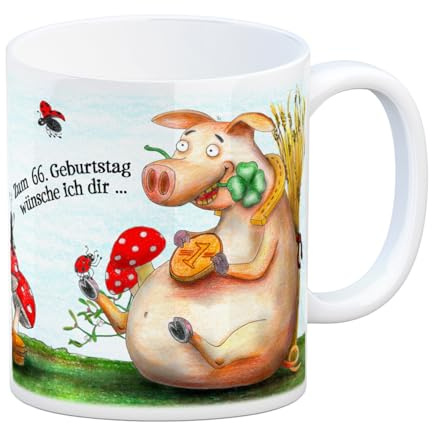 Viel Glück zum 66. Geburtstag Kaffeebecher - Glücksklee, Schwein, Kaminfeger, Glücksbringer, Klee, Marienkäfer und Hufeisen.