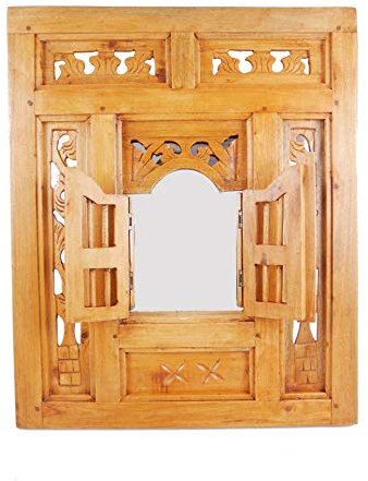 Artesanal - Espejo para Ventana Oriental de Madera (50 x 60 cm), Acabado Natural