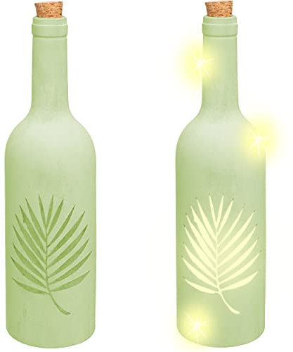 2 Stück Glas - LICHT Dekoflaschen - 5 Stück LED - Tropische Blätter/Palmen Blatt/Farn - grün - Lichtflaschen/Flaschen mit Licht - 30 cm - Batterie bet..