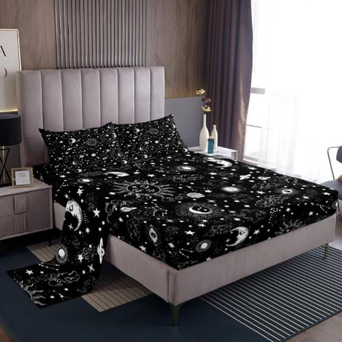 Castle Fairy Bettwäscheset Sonne und Mond, für Doppelbett, schwarz-weiß, Sternenhimmel, Boho, Hippie-Sternbild, Bettwäsche-Set, mit 1 Bettlaken und 1 Spannbetttuch mit 1 Kissenbezug