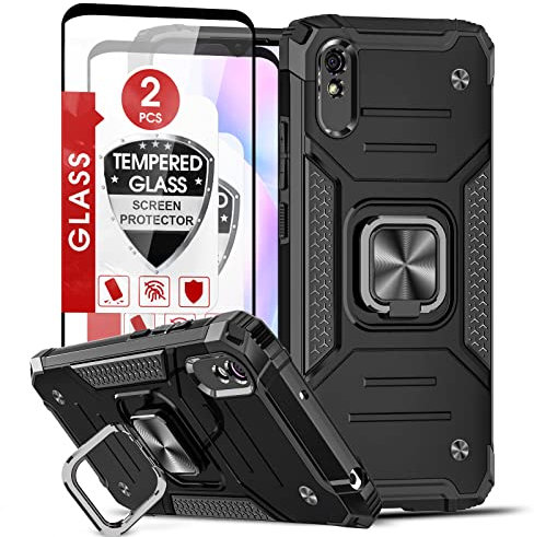 LeYi Schutzhülle für Xiaomi Redmi 9A/9AT mit 2 x Hartglas, [360 ° drehbarer Ständer] Militärische Verstärkung integrale Hartschale PC und TPU Silikon stoßfest Schutzhülle für Redmi 9A schwarz