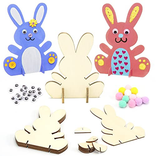 Sprinlot Hasen aus Holz zum Bemalen, 10 Stück DIY Osterhase Deko mit Bunte Mini Pompons und Kulleraugen, Osterhase Kinder Bastelsets, Holz Bastelset Kinder für Bastelzubehör Dekorationen