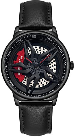 RWXCOW Herren Uhren, Auto Rad Felgen Nabe Uhr, Hohl wasserdicht Sport Uhr für Herren Geschenke Armbanduhren Schwarz (Lederriemen)