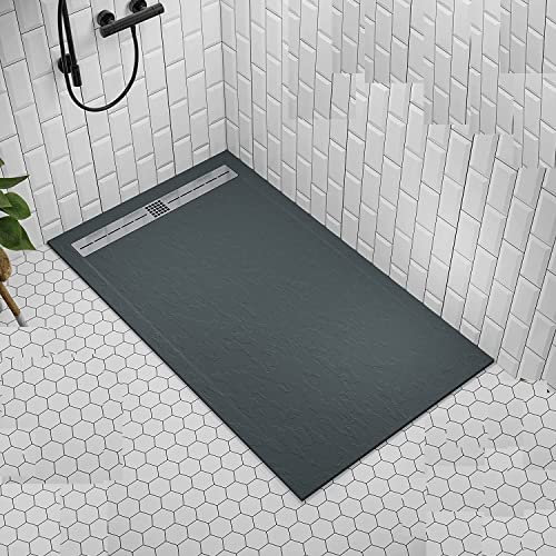 Piatto doccia in mineralmarmo grigio antracite superficie ad effetto pietra ardesia, serie Cannes, slim 3 cm, rivestito di Gelcoat, antiscivolo