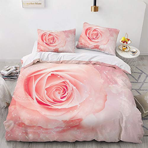 Luowei Bettwäsche 135x200cm 4 Teilig Rosa Rosen Aesthetic Blumen Blüten Bettwäsche-Set für Doppelbett Weiche Microfaser Bettbezug mit Reißverschluss und 2 Kissenbezüge 80 x 80 cm