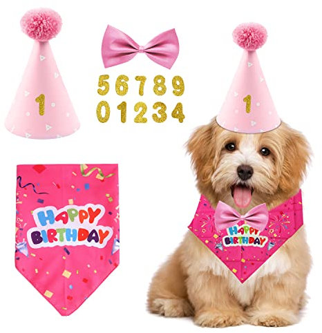 4 Stück Set Haustier Geburtstag Party Supplies, Hund Dreieck Schal, Geburtstag Hut, Hund Fliege Gold Pink Digital Patch Haustier Party Feier Dekorationen kleine, mittelgroße, große Haustiere (Rosa)