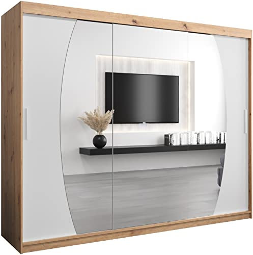 MEBLE KRYSPOL Elypse 250 Schlafzimmerschrank mit DREI Schiebetüren, Spiegel, Kleiderstange und Regalen – 250x200x62cm - Artisan + Mattweiß