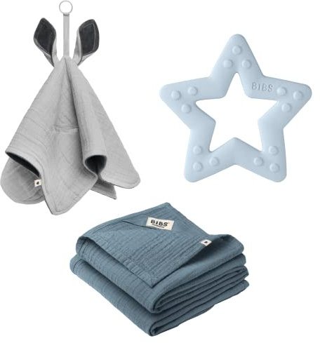 BIBS Baby Shower Geschenkset, mit BIBS-Kuscheltuch Kangaroo, Musselintüchern und einem Baby Bitie Beißring, das perfekte Geschenk für die Babyparty oder zur Geburt, 100 % Biobaumwolle, Baby Blue
