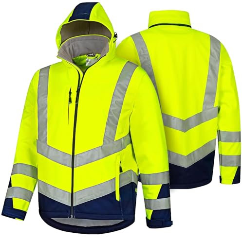 Safetytex Warnschutz Softshelljacke - Wind- und Wasserdicht - Atmungsaktiv - Hoch Sichtbar - Arbeitsjacke in gelb/marine - Größe M