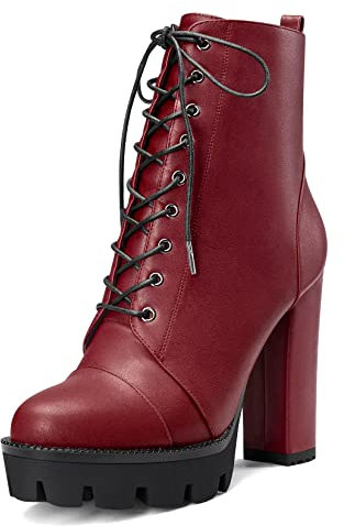 Castamere Donna Alto High Tacco Heel Piattaforma Chunky Blocco Rotonda Punta Stivaletti Lacci Cerniera Stivali Borgogna Rosso 37 EU