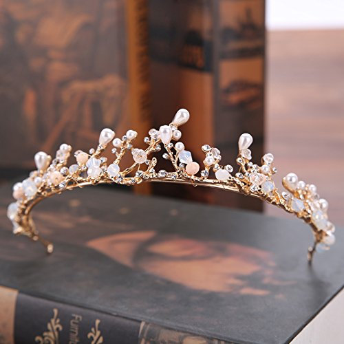 Frauen Kristall Krone Mädchen Strass Tiara, Faux Perlen Strass Kopfband Krone Haarband Prinzessin Königin Haarschmuck für Geburtstag Prom Weihnachten Halloween Kostüm Partydekoration,Gold