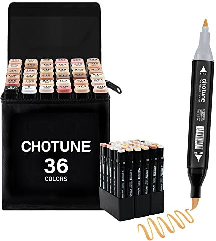 CHOTUNE Alkohol Marker Set, 36 Hauttöne Doppelte Spitze Weiche Bürste und Fein Sketch Zeichenmarker, Einfaches Mischen zum Skizzieren und Illustrieren mit Schwarzer Handtasche und Basis