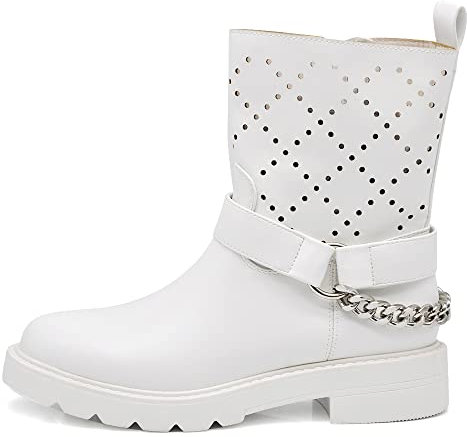 IF Fashion Scarpe da Donna Stivali Primaverili Estivi Traforati Alla Caviglia Biker Motociclista Con Catena Cinghia D7910 bianco N.40