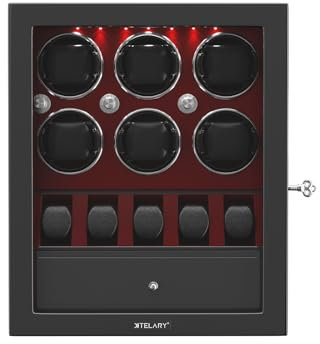 XTELARY Uhrenbeweger 6 Uhren mit 5 flexiblem Uhrenaufbewahrungsraum und Schublade für Schmuck Automatische Uhrenbeweger mit LED-Beleuchtung und Mabuchi-Motoren für Damen & Herren Automatikuhren,Rot