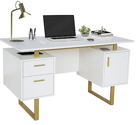 Techni Mobili Storage Drawers and Cabinet 51.25” W-Modern Office Large Floating Desktop Surface Desk, 23.6 D x 51.2 W x 29.8 H, White/Gold