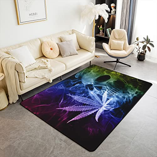 Loussiesd Marihuana Weed Leaf Modern Teppich Wohnzimmerteppich 150x200cm Zucker Schädel Teppiche für Wohnzimmer Schlafzimmer Balkon Küche Terrasse Schädel Druck Blau Grau Akzent Teppich