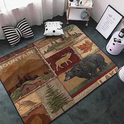 TEMLAN Bären-Elch-Hirsch-Muster Teppiche Gegend, Rustikale Retro-Lodge Kurzflor Waschbar für Küche und Balkon Dekor Schlafzimmer Wohnzimmer Bodenteppich 60 x 90cm